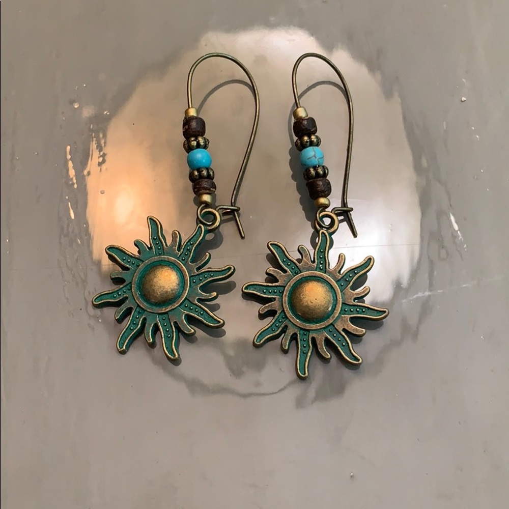 Bronze and green sun hook earrings